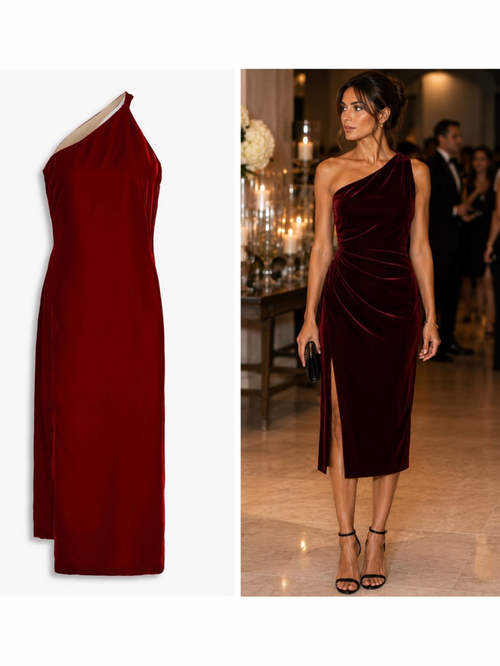 Oscar de la Renta Red Velvet Midi Dress One Shoulder 2 Formal Wedding NWT 🟡